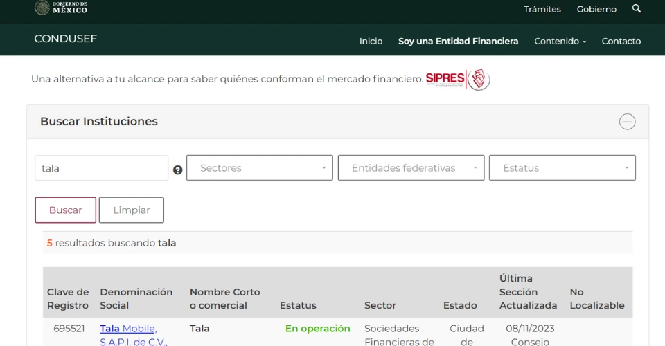 Buscador de instituciones en portal CONDUSEF